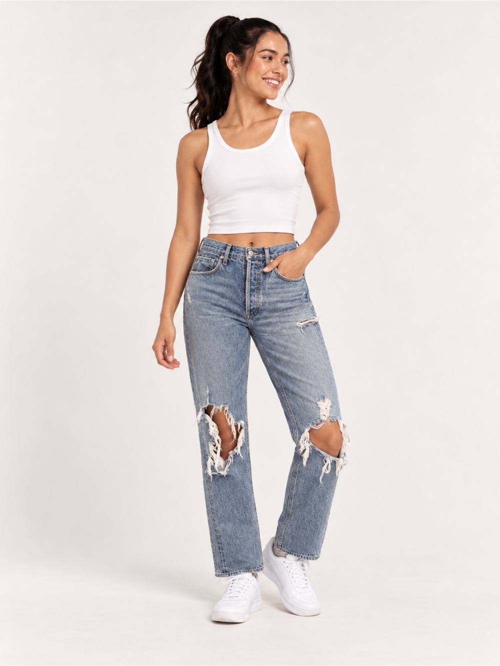 AGOLDE Blue High Rise Distressed Straight Jeans Ripped Knees Size 28